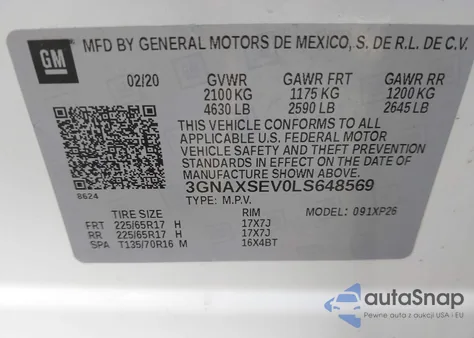 2020 Chevrolet Equinox Awd Ls из США, поврежденный, VIN 3GNAXSEV0LS648569